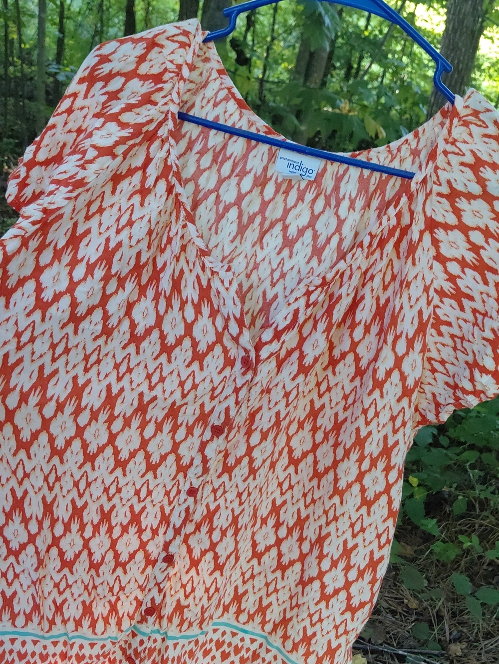 Indigo Orange and Cream Floral Print Short Sleeve Blouse